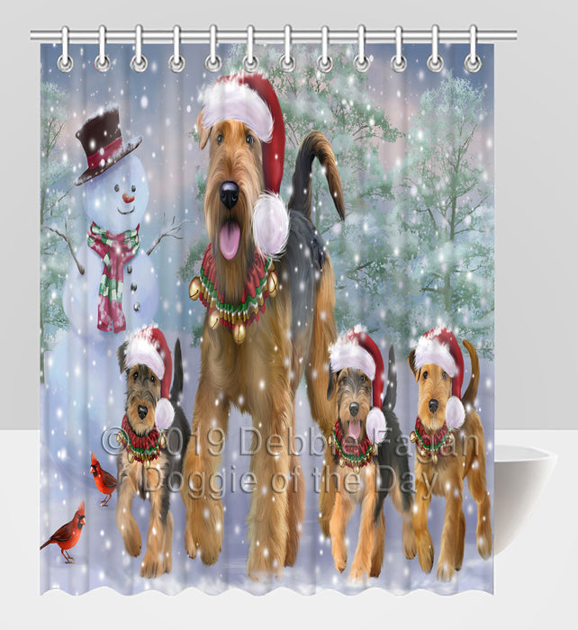 Christmas Running Fammily Airedale Terrier Dogs Shower Curtain