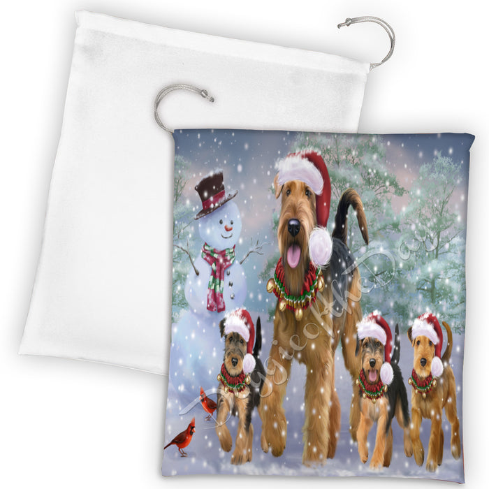 Christmas Running Fammily Airedale Dogs Drawstring Laundry or Gift Bag LGB48194