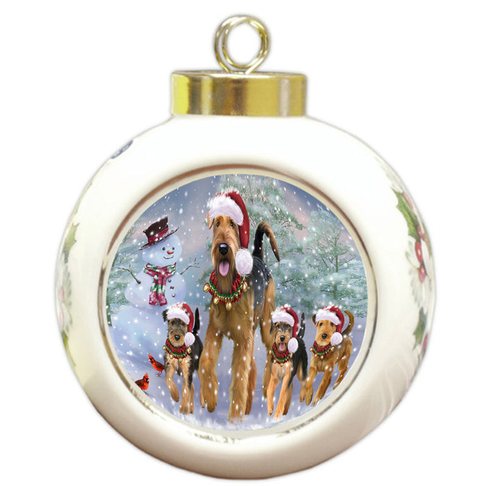 Christmas Running Family Airedale Terrier Dogs Round Ball Christmas Ornament RBPOR58250