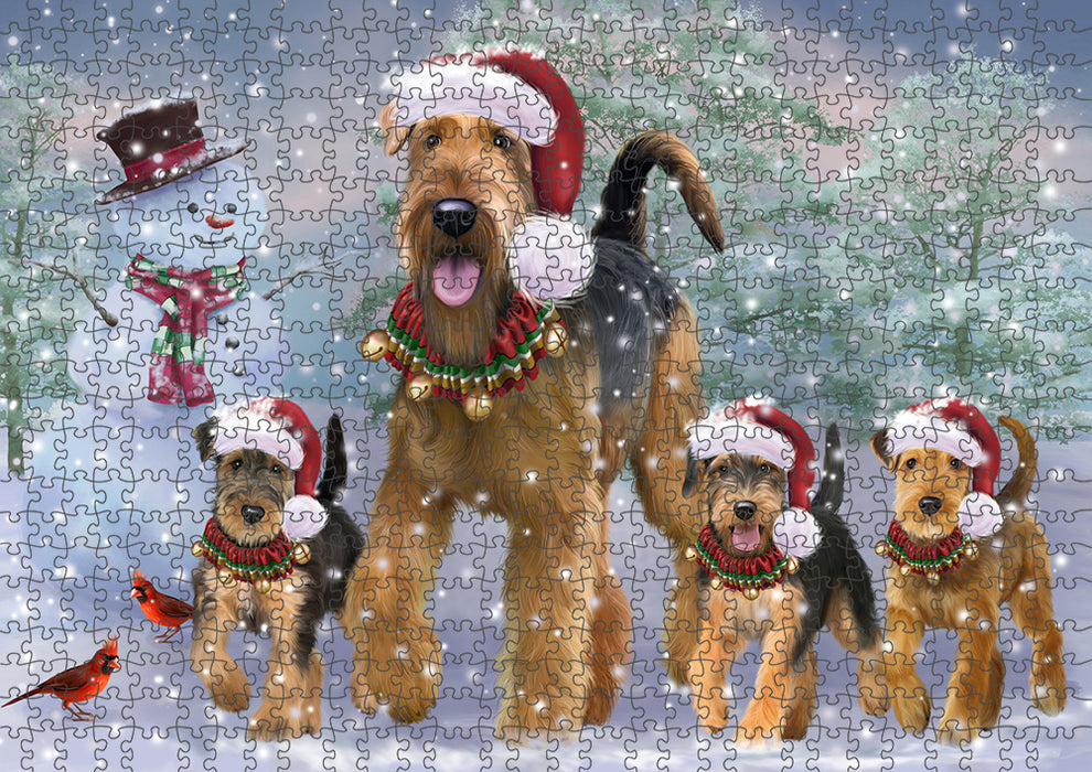 Christmas Running Family Airedale Terrier Dogs Puzzle with Photo Tin PUZ97264