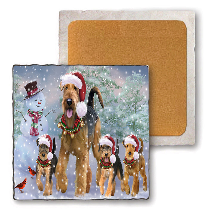 Christmas Running Family Airedale Terrier Dogs Set of 4 Natural Stone Marble Tile Coasters MCST52123