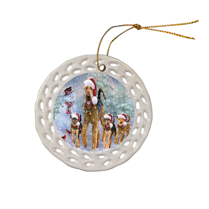 Christmas Running Family Airedale Terrier Dogs Ceramic Doily Ornament DPOR57409