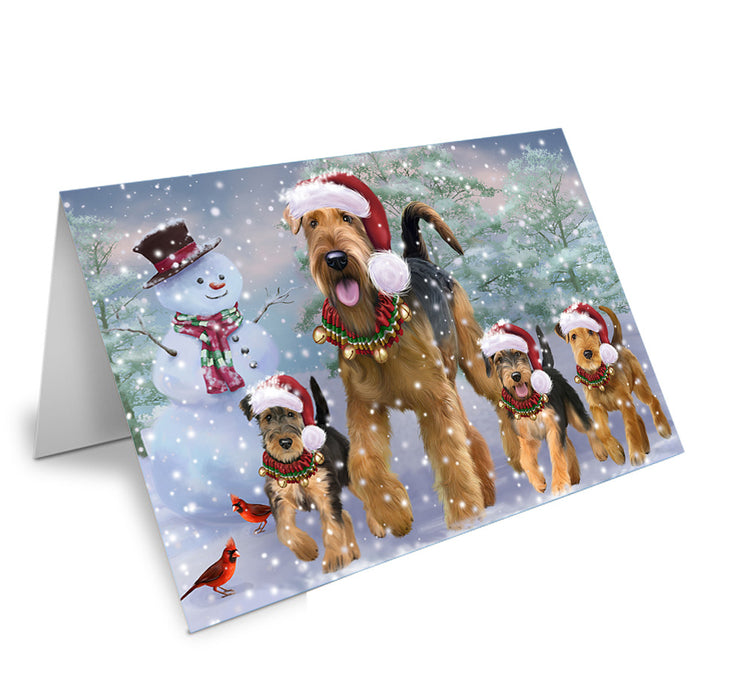 Christmas Running Family Airedale Terrier Dogs Handmade Artwork Assorted Pets Greeting Cards and Note Cards with Envelopes for All Occasions and Holiday Seasons GCD75263