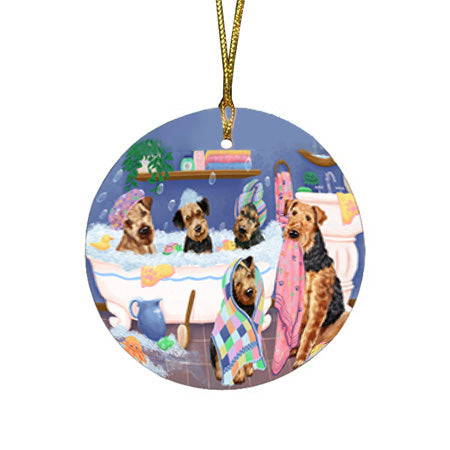 Rub A Dub Dogs In A Tub Airedale Terriers Dog Round Flat Christmas Ornament RFPOR57105