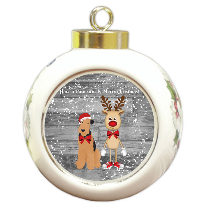 Custom Personalized Airedale Terrier Dog Reindeer and Pooch Christmas Round Ball Ornament