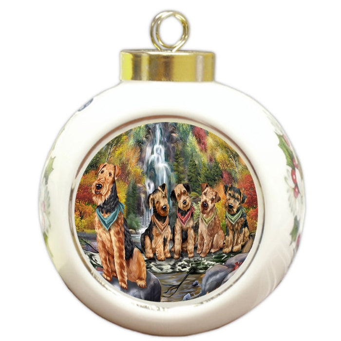 Scenic Waterfall Airedale Terriers Dog Round Ball Christmas Ornament RBPOR50141