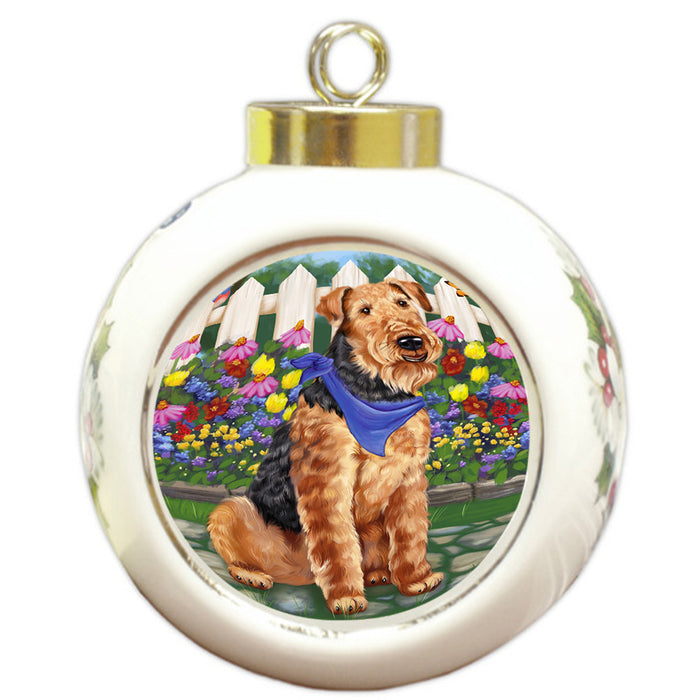 Spring Floral Airedale Terrier Dog Round Ball Christmas Ornament RBPOR49750