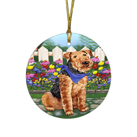 Spring Floral Airedale Terrier Dog Round Flat Christmas Ornament RFPOR49741