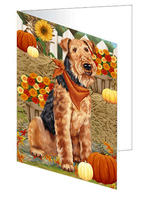 Fall Autumn Greeting Airedale Terrier Dog with Pumpkins Handmade Artwork Assorted Pets Greeting Cards and Note Cards with Envelopes for All Occasions and Holiday Seasons GCD56000
