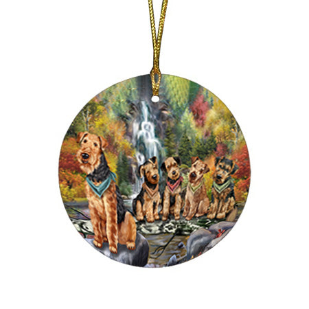 Scenic Waterfall Airedale Terriers Dog Round Flat Christmas Ornament RFPOR50132