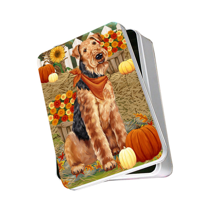 Fall Autumn Greeting Airedale Terrier Dog with Pumpkins Photo Storage Tin PITN50657