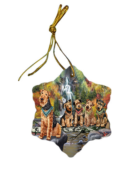 Scenic Waterfall Airedale Terriers Dog Star Porcelain Ornament SPOR50133