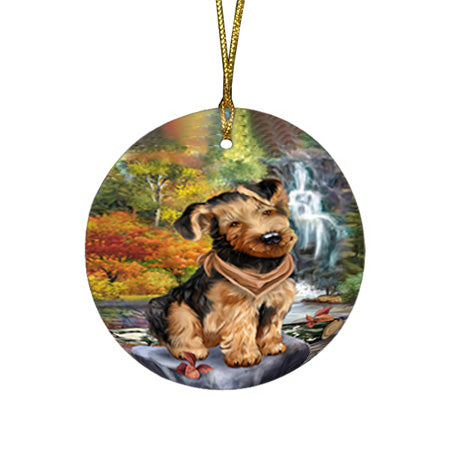 Scenic Waterfall Airedale Terrier Dog Round Flat Christmas Ornament RFPOR50133
