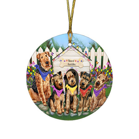 Spring Dog House Airedale Terriers Dog Round Flat Christmas Ornament RFPOR49742
