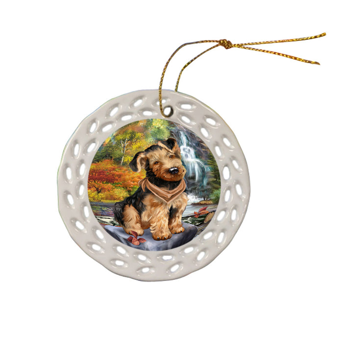 Scenic Waterfall Airedale Terrier Dog Ceramic Doily Ornament DPOR50142