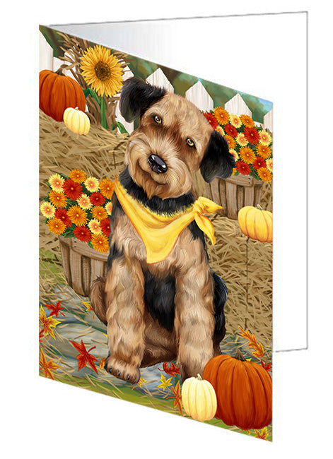 Fall Autumn Greeting Airedale Terrier Dog with Pumpkins Handmade Artwork Assorted Pets Greeting Cards and Note Cards with Envelopes for All Occasions and Holiday Seasons GCD56003
