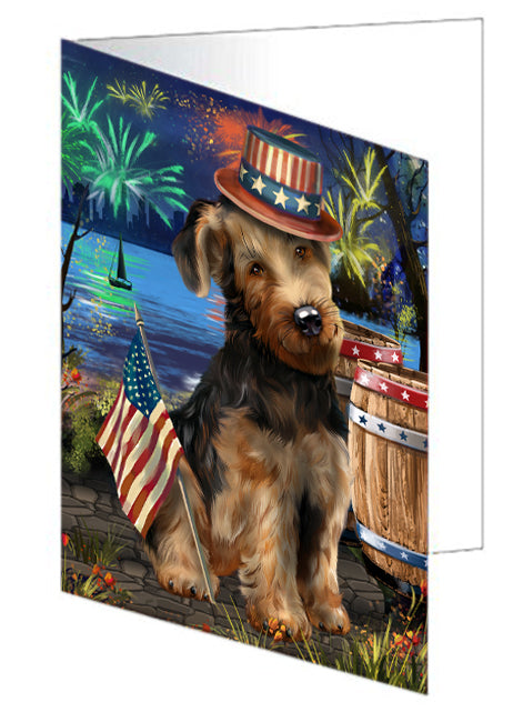 4th of July Independence Day Fireworks Airedale Terrier Dog at the Lake Handmade Artwork Assorted Pets Greeting Cards and Note Cards with Envelopes for All Occasions and Holiday Seasons GCD56738