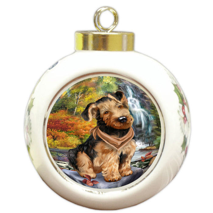 Scenic Waterfall Airedale Terrier Dog Round Ball Christmas Ornament RBPOR50142