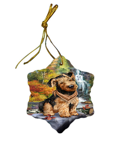 Scenic Waterfall Airedale Terrier Dog Star Porcelain Ornament SPOR50134