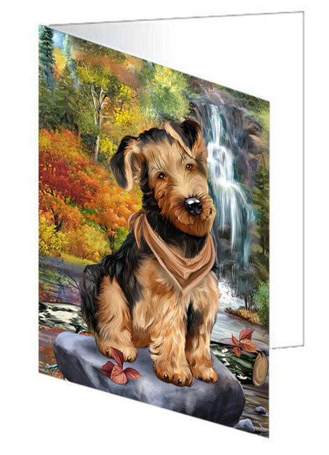 Scenic Waterfall Airedale Terrier Dog Handmade Artwork Assorted Pets Greeting Cards and Note Cards with Envelopes for All Occasions and Holiday Seasons GCD54455