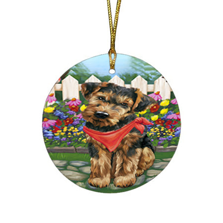 Spring Floral Airedale Terrier Dog Round Flat Christmas Ornament RFPOR49743