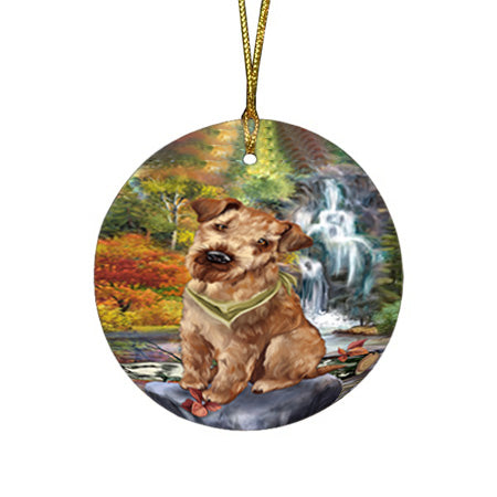 Scenic Waterfall Airedale Terrier Dog Round Flat Christmas Ornament RFPOR50134