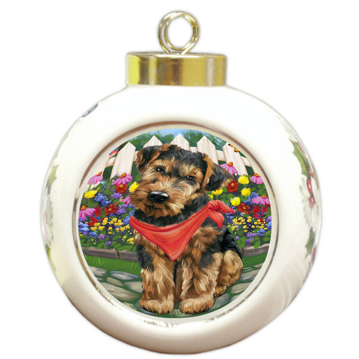 Spring Floral Airedale Terrier Dog Round Ball Christmas Ornament RBPOR49752