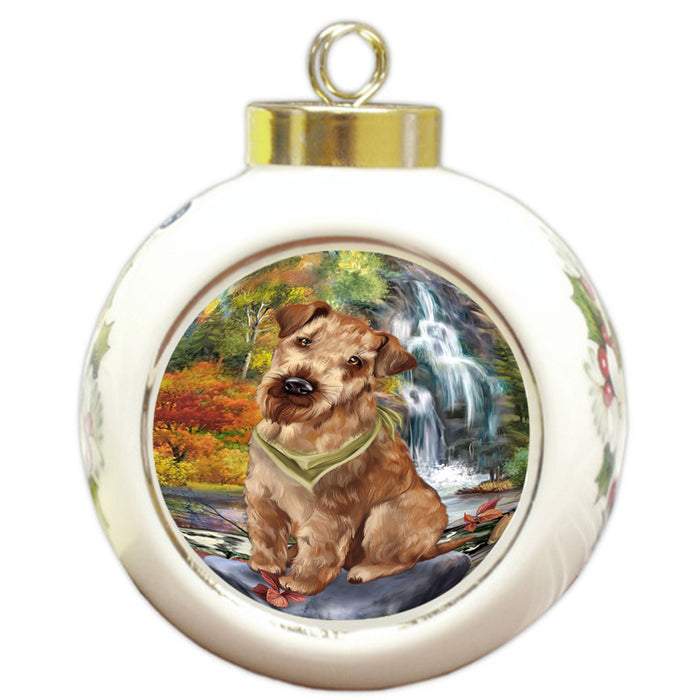 Scenic Waterfall Airedale Terrier Dog Round Ball Christmas Ornament RBPOR50143