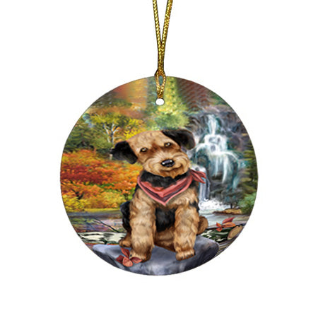 Scenic Waterfall Airedale Terrier Dog Round Flat Christmas Ornament RFPOR50135