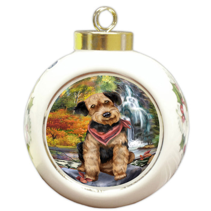 Scenic Waterfall Airedale Terrier Dog Round Ball Christmas Ornament RBPOR50144