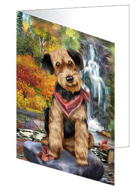 Scenic Waterfall Airedale Terrier Dog Handmade Artwork Assorted Pets Greeting Cards and Note Cards with Envelopes for All Occasions and Holiday Seasons GCD54461