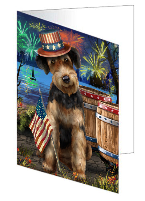 4th of July Independence Day Fireworks Airedale Terrier Dog at the Lake Handmade Artwork Assorted Pets Greeting Cards and Note Cards with Envelopes for All Occasions and Holiday Seasons GCD56744