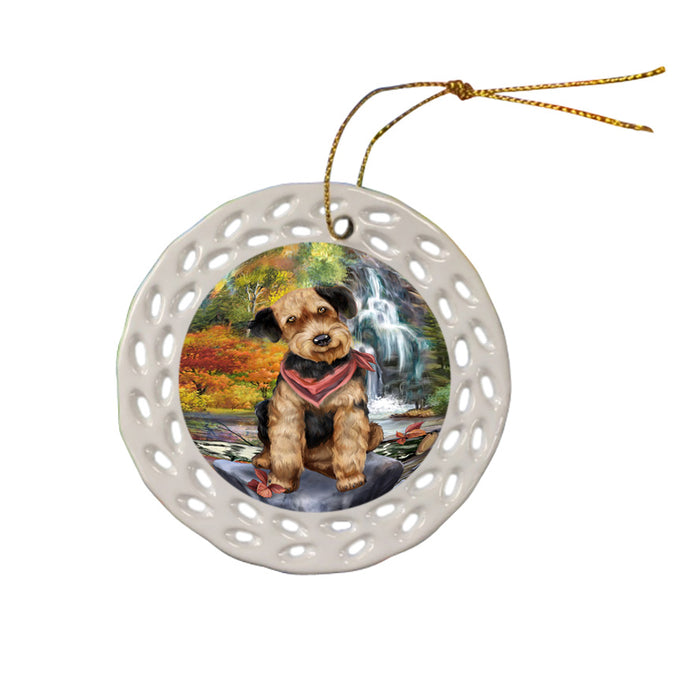 Scenic Waterfall Airedale Terrier Dog Ceramic Doily Ornament DPOR50144