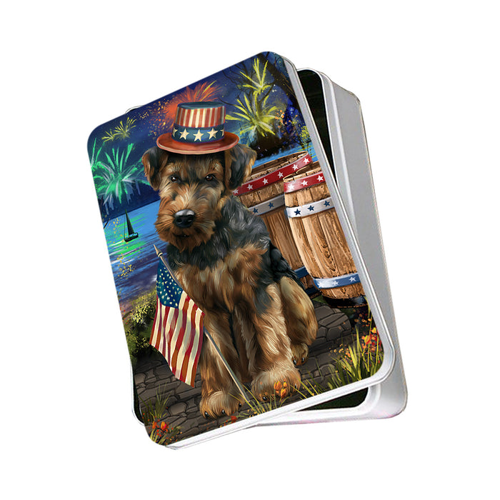 4th of July Independence Day Fireworks Airedale Terrier Dog at the Lake Photo Storage Tin PITN50906
