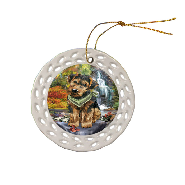 Scenic Waterfall Airedale Terrier Dog Ceramic Doily Ornament DPOR50145