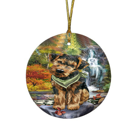 Scenic Waterfall Airedale Terrier Dog Round Flat Christmas Ornament RFPOR50136