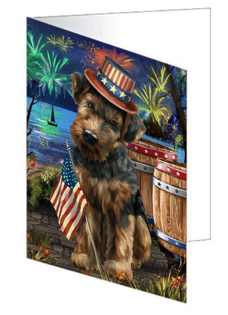 4th of July Independence Day Fireworks Airedale Terrier Dog at the Lake Handmade Artwork Assorted Pets Greeting Cards and Note Cards with Envelopes for All Occasions and Holiday Seasons GCD56747