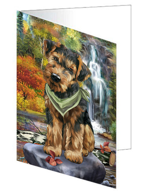 Scenic Waterfall Airedale Terrier Dog Handmade Artwork Assorted Pets Greeting Cards and Note Cards with Envelopes for All Occasions and Holiday Seasons GCD54464