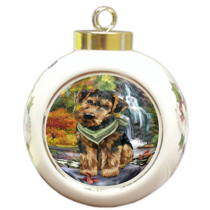 Scenic Waterfall Airedale Terrier Dog Round Ball Christmas Ornament RBPOR50145