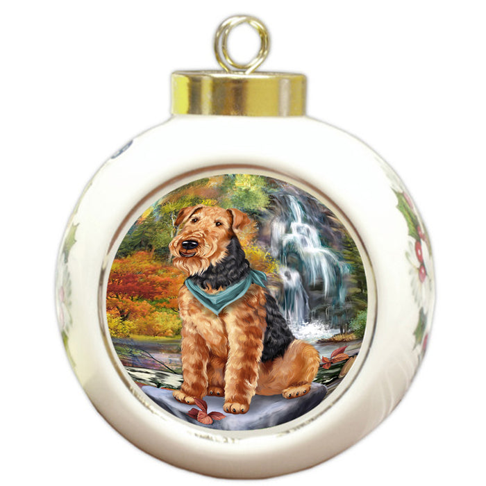 Scenic Waterfall Airedale Terrier Dog Round Ball Christmas Ornament RBPOR50146