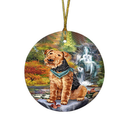 Scenic Waterfall Airedale Terrier Dog Round Flat Christmas Ornament RFPOR50137