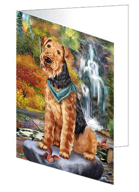 Scenic Waterfall Airedale Terrier Dog Handmade Artwork Assorted Pets Greeting Cards and Note Cards with Envelopes for All Occasions and Holiday Seasons GCD54467