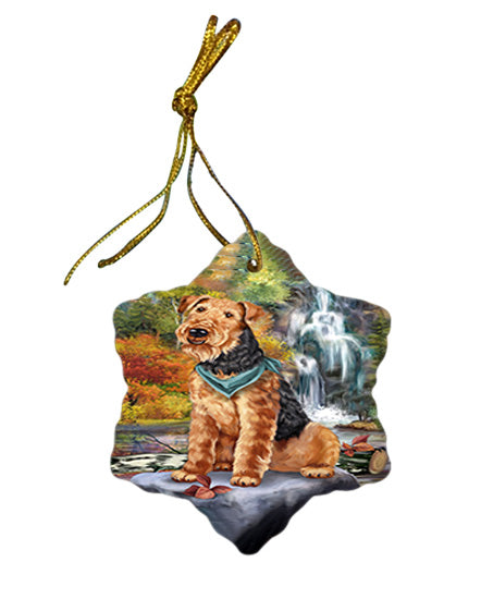 Scenic Waterfall Airedale Terrier Dog Star Porcelain Ornament SPOR50138