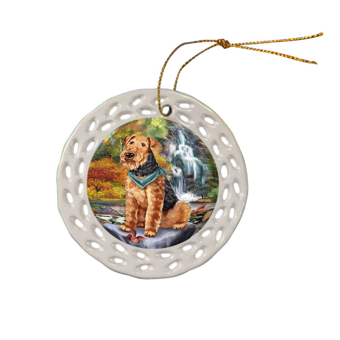 Scenic Waterfall Airedale Terrier Dog Ceramic Doily Ornament DPOR50146