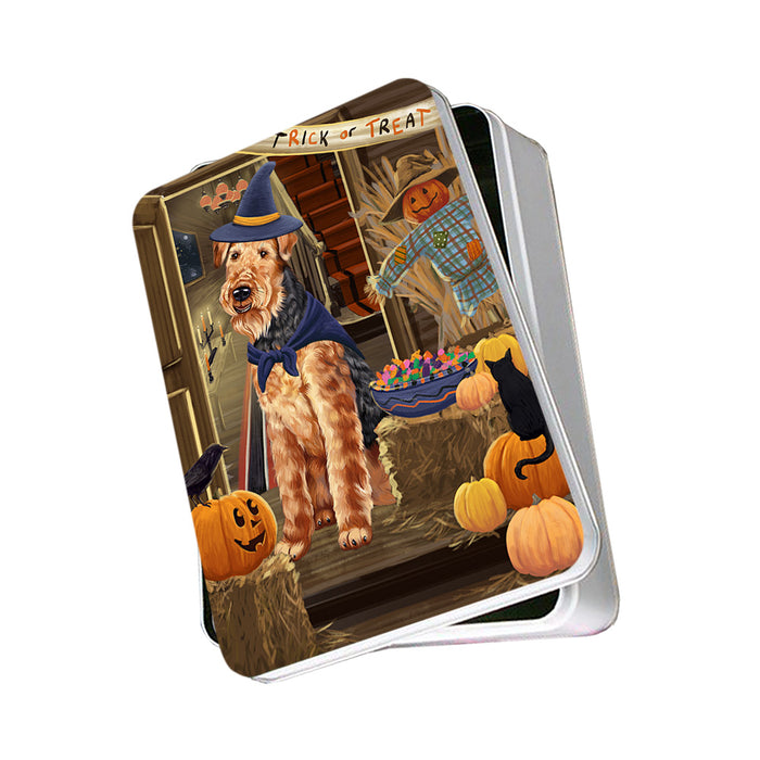 Enter at Own Risk Trick or Treat Halloween Airedale Terrier Dog Photo Storage Tin PITN52924