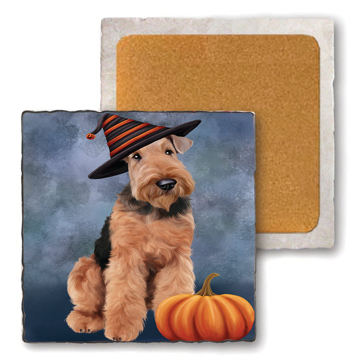 Happy Halloween Airedale Terrier Dog Wearing Witch Hat with Pumpkin Set of 4 Natural Stone Marble Tile Coasters MCST49928