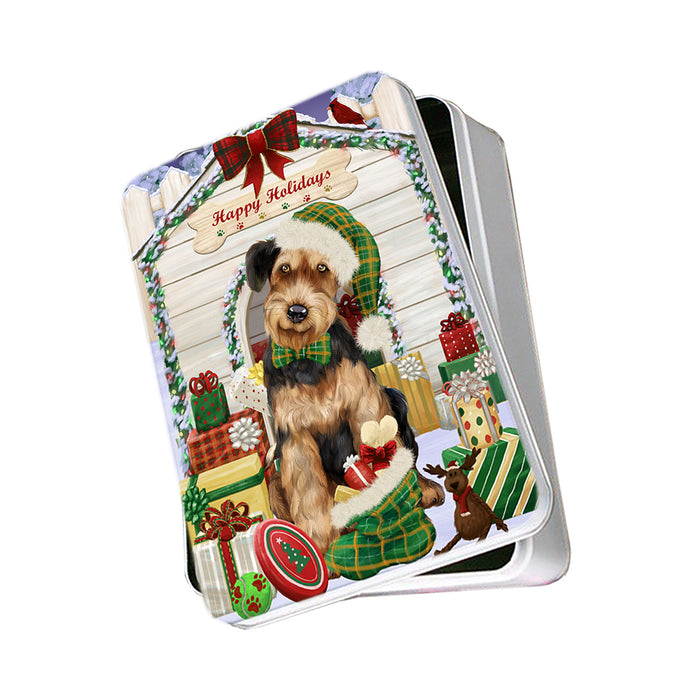 Happy Holidays Christmas Airedale Terrier Dog House with Presents Photo Storage Tin PITN51296