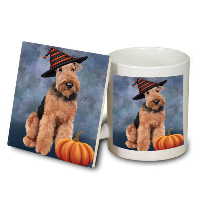 Happy Halloween Airedale Terrier Dog Wearing Witch Hat with Pumpkin Mug and Coaster Set MUC54920