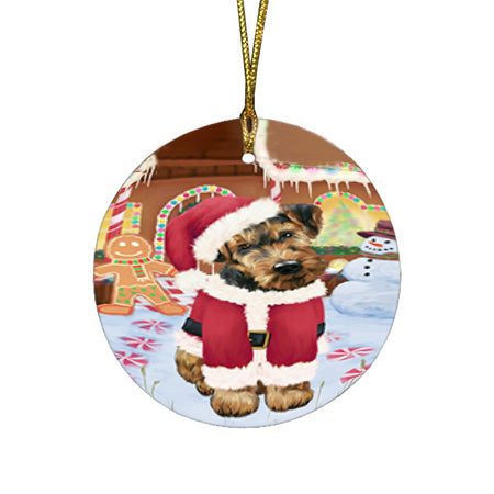 Christmas Gingerbread House Candyfest Airedale Terrier Dog Round Flat Christmas Ornament RFPOR56477