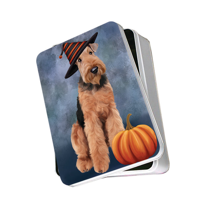 Happy Halloween Airedale Terrier Dog Wearing Witch Hat with Pumpkin Photo Storage Tin PITN54871